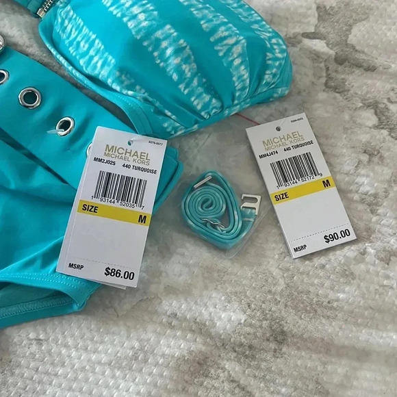 MICHAEL KORS Zip Front Bandeau Kyoto Stripe Turquoise Top and High Waist Bottom - Picture 10 of 10